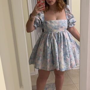 Babydoll style blue and pink mini dress with puff sleeves